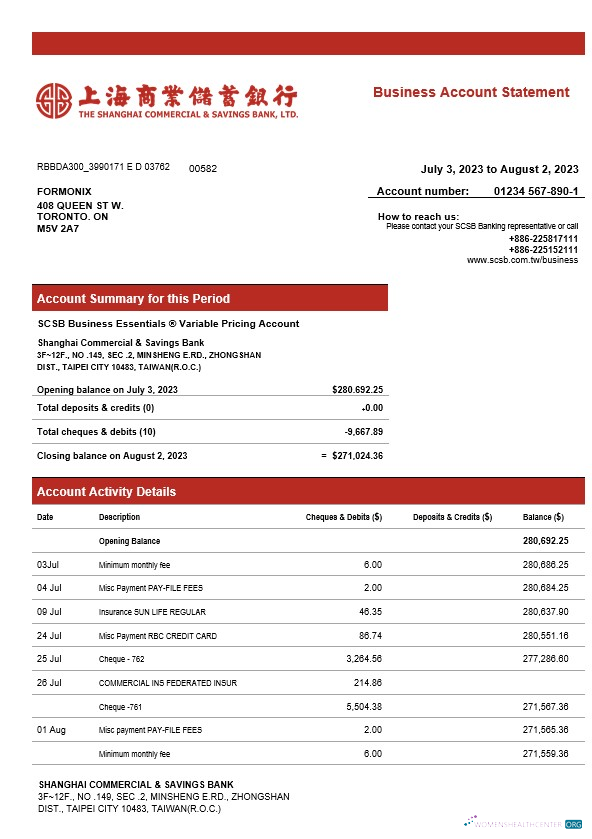 Shanghai Commercial & Savings Bank firm account statement Word and PDF template